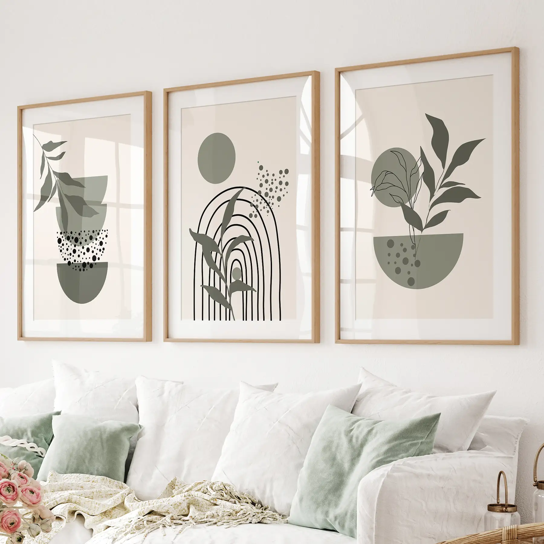 3 Piece Boho Wall Art Prints. Green Mid-Century Abstract Decor - Image 3