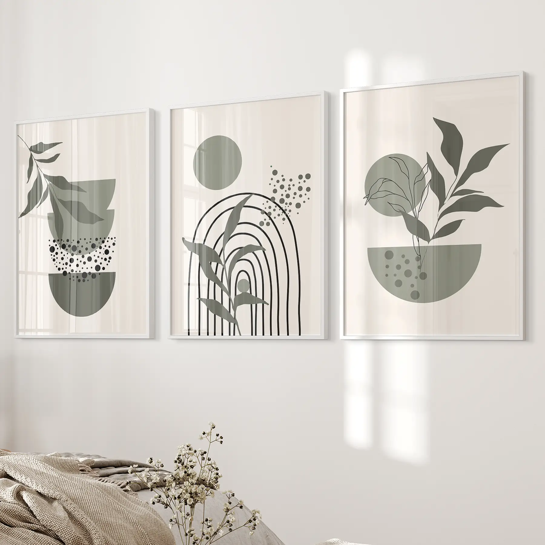 3 Piece Boho Wall Art Prints. Green Mid-Century Abstract Decor - Image 7