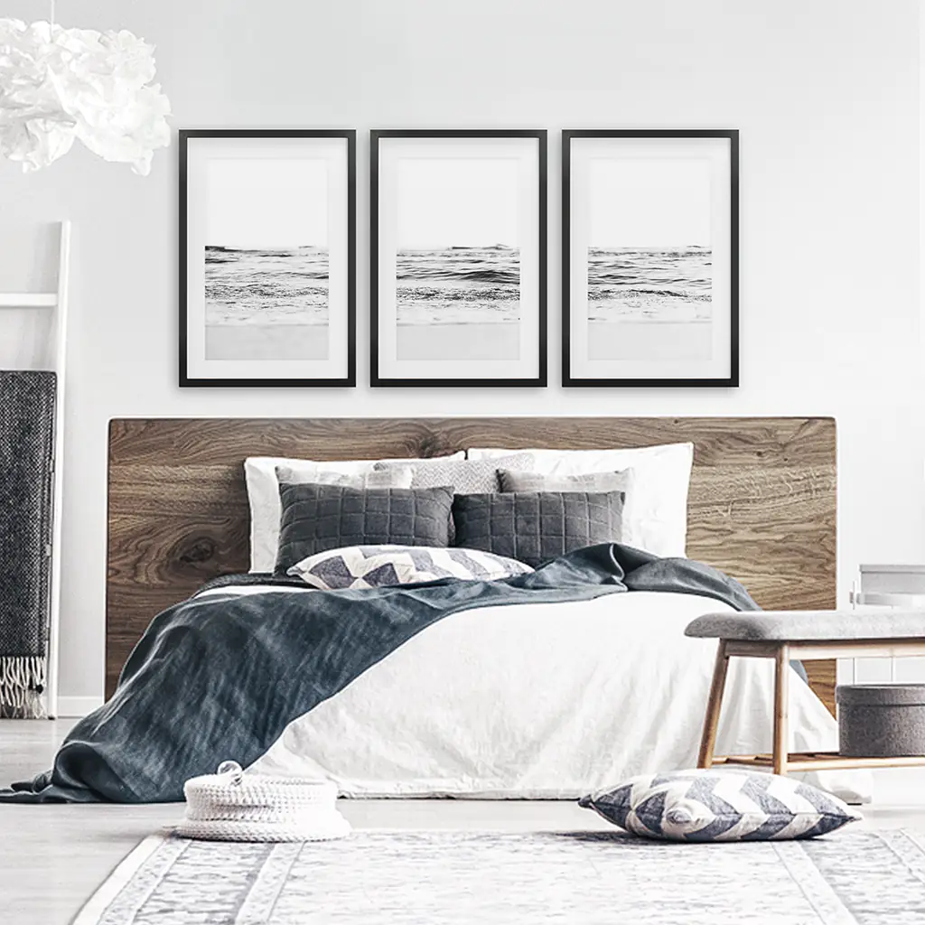 Black White Minimalist Beach Wave Wall Art. 3 Piece Decor - Image 4