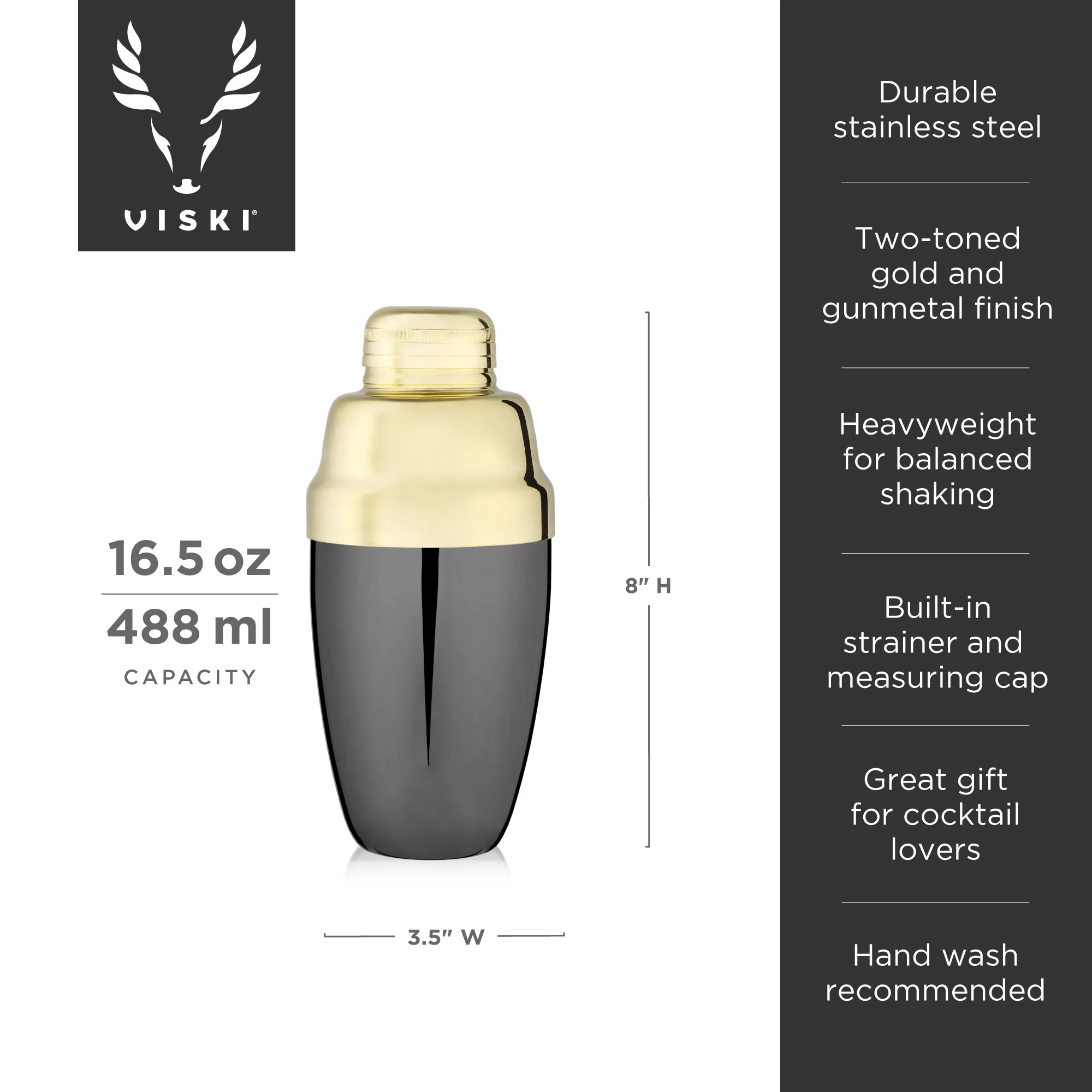Deco heavyweight cocktail shaker in black & gold viski® - Image 5
