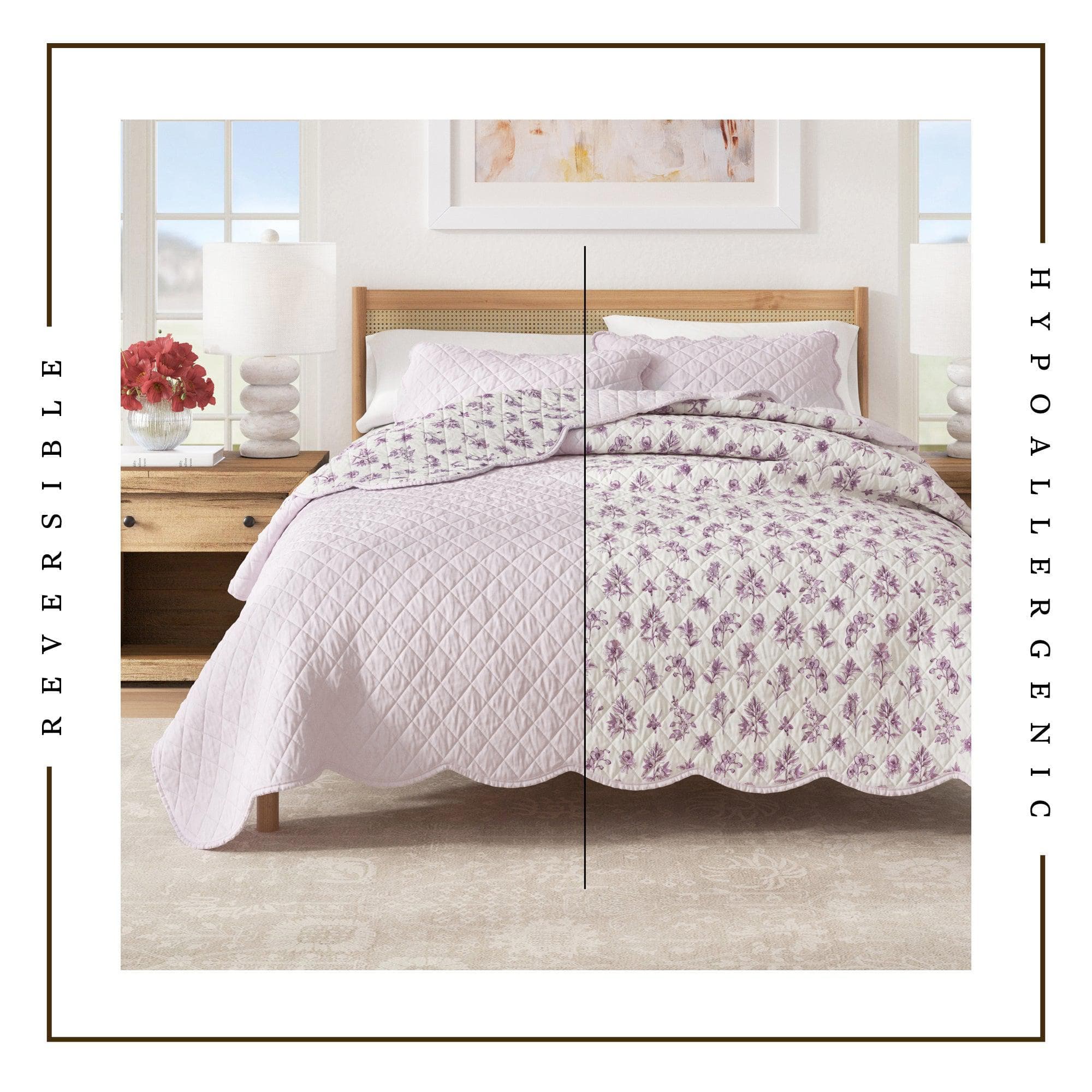 Floral Print & Scallopeded Edge Cotton Quilt Set - Sandie Collection - Image 3