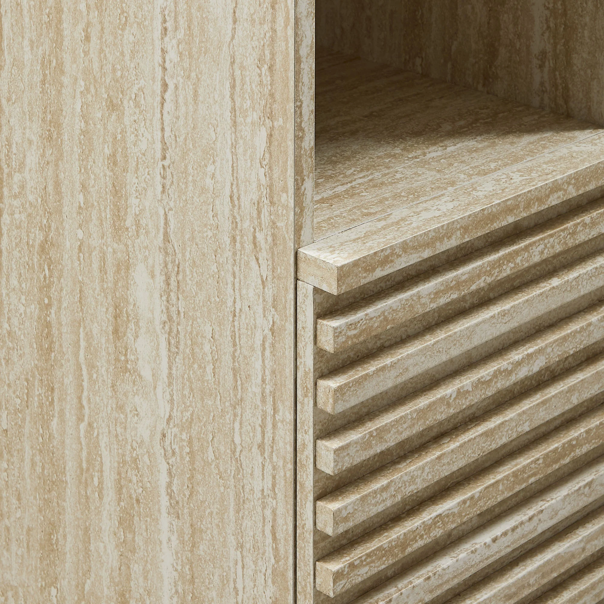 Render Tall Narrow Faux Travertine Linen Storage Cabinet - Image 7